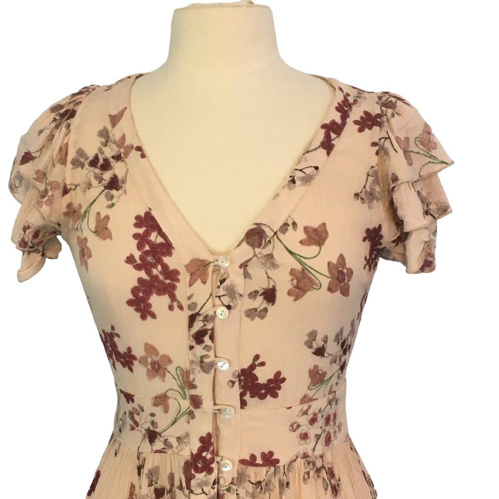 Patrons of Peace Cream Floral A-Line Maxi Dress, Ruffle Sleeve, 36 Bust 26 Waist - Picture 2 of 10